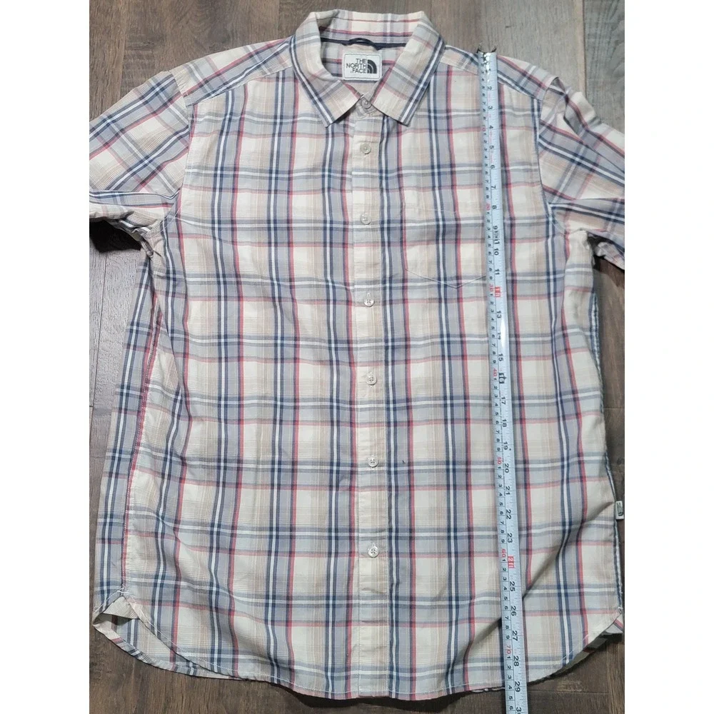 The North Face Mens Large Plaid Short Sleeve Button Down Shirt Blue Red Tan‎